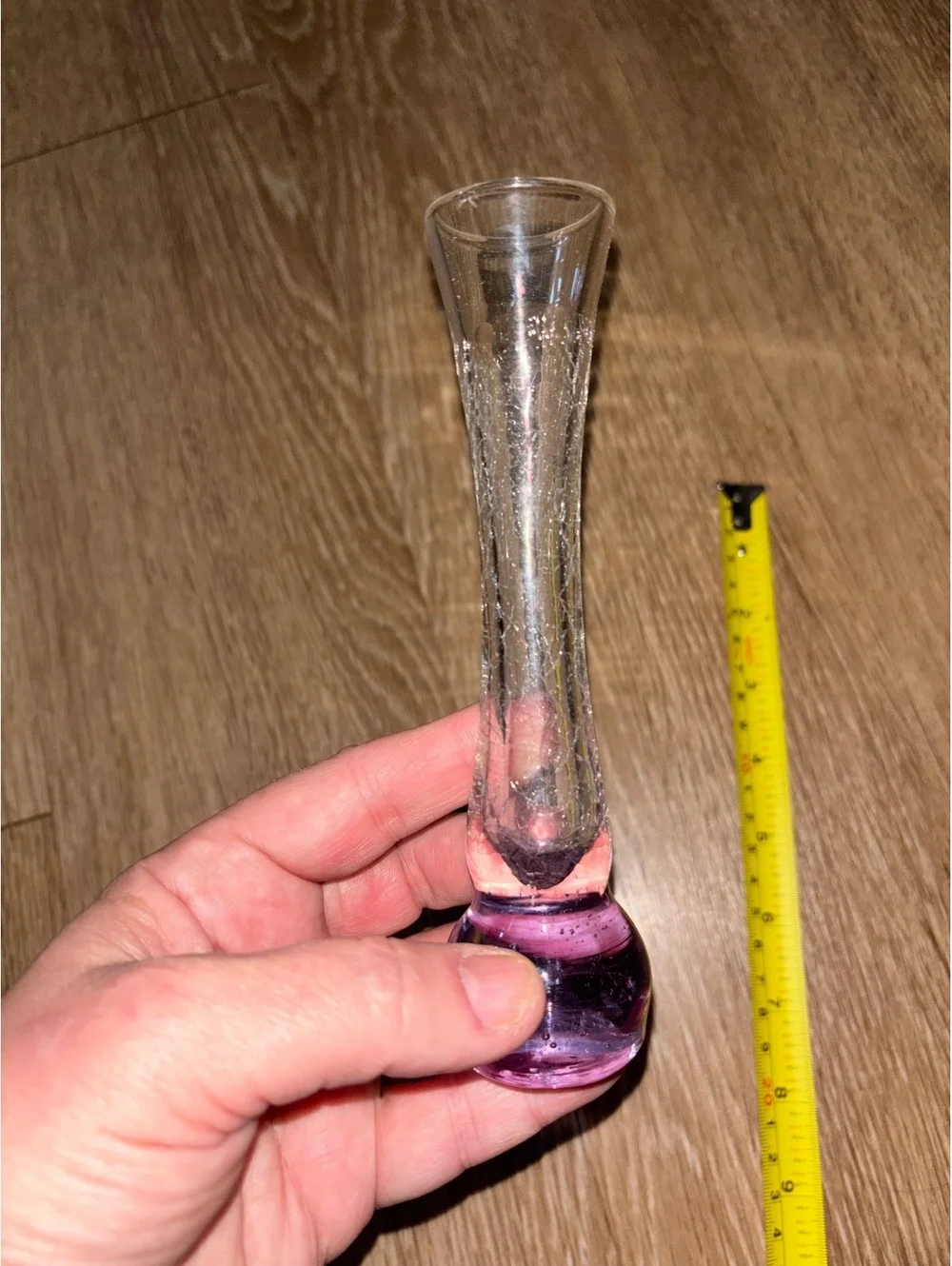 Vintage Crackle Glass Bud Vase Purple Base 6.25” D89